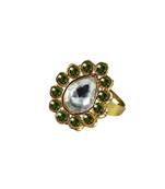 Brass Gold Platted  Green Stone Studded  Ring With Adjustable