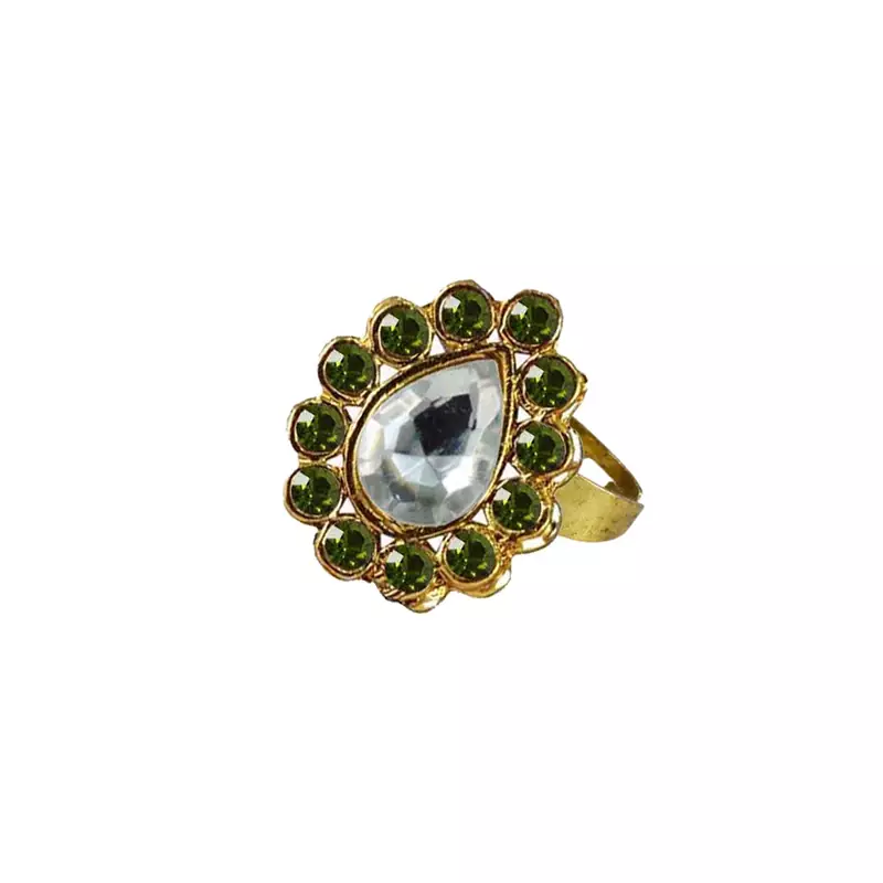 Brass Gold Platted  Green Stone Studded  Ring With Adjustable