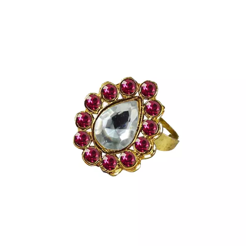 Brass Gold Platted  Pink Stone Studded  Ring With Adjustable