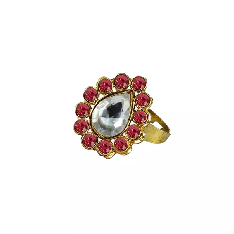 Brass Gold Platted  Pink Stone Studded  Ring With Adjustable