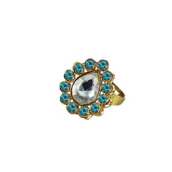 Brass Gold Platted  Blue Stone Studded  Ring With Adjustable 1