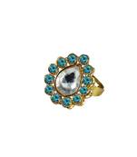 Brass Gold Platted  Blue Stone Studded  Ring With Adjustable