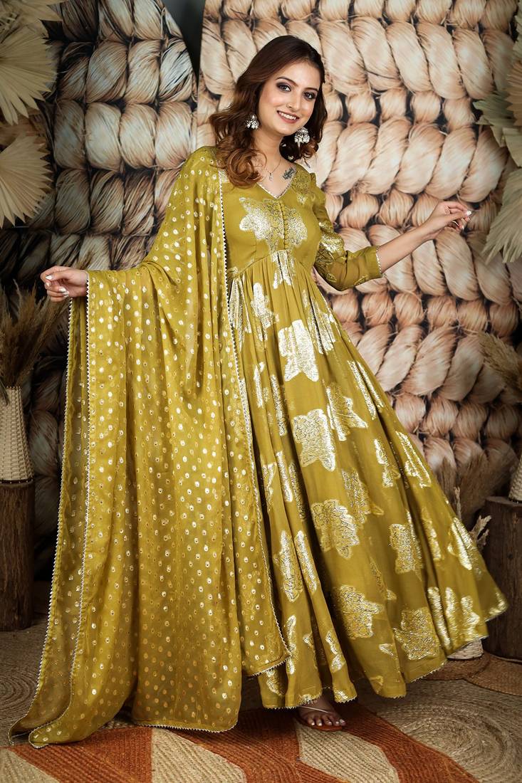 BK Olive Jeqcard Long Anarkali Dress with dupatta set Bullionknot