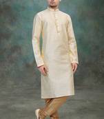 Beige hand woven jaquard kurta-pajama
