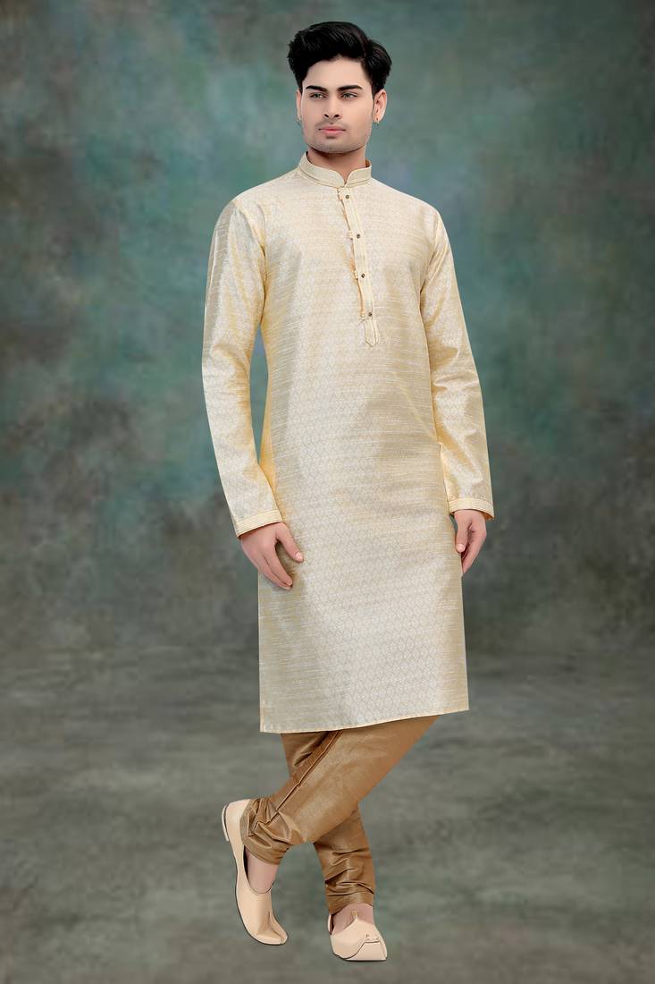 Beige hand woven jaquard kurta-pajama