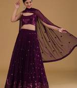 Elegant Purple Embroidered Georgette Festive Wear Lehenga Choli Set  