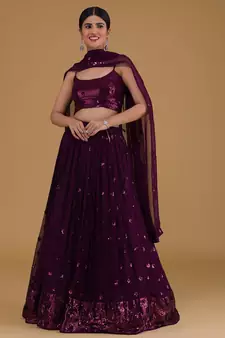 Elegant Purple Embroidered Georgette Festive Wear Lehenga Choli Set  