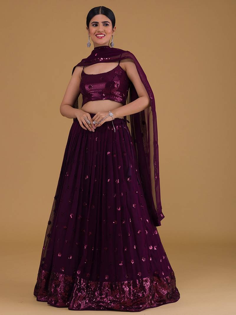Elegant Purple Embroidered Georgette Festive Wear Lehenga Choli Set  