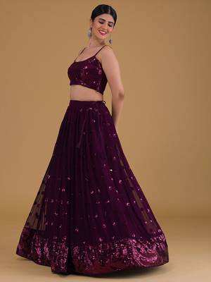 Elegant Purple Embroidered Georgette Festive Wear Lehenga Choli Set   3