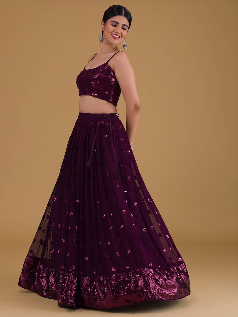 Elegant Purple Embroidered Georgette Festive Wear Lehenga Choli Set  