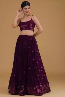 Elegant Purple Embroidered Georgette Festive Wear Lehenga Choli Set  