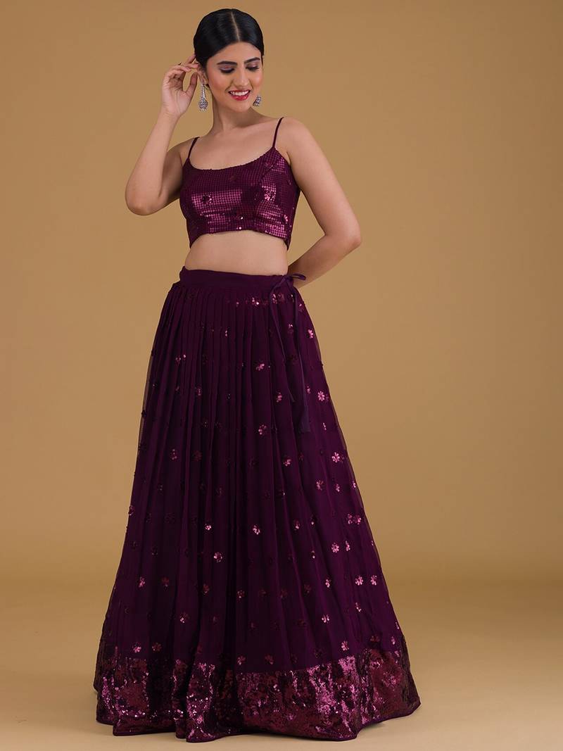 Elegant Purple Embroidered Georgette Festive Wear Lehenga Choli Set  