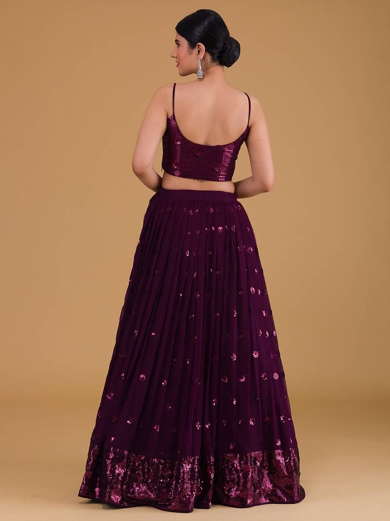 Elegant Purple Embroidered Georgette Festive Wear Lehenga Choli Set  