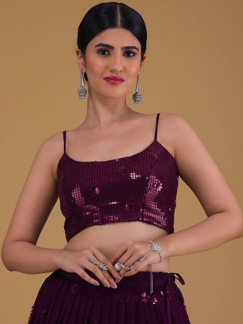 Elegant Purple Embroidered Georgette Festive Wear Lehenga Choli Set  