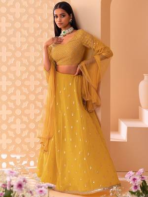  yellow embroidered georgette festive lehenga set choli with dupatta  2