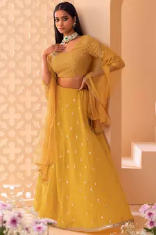  yellow embroidered georgette festive lehenga set choli with dupatta 