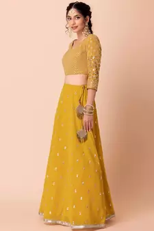  yellow embroidered georgette festive lehenga set choli with dupatta 