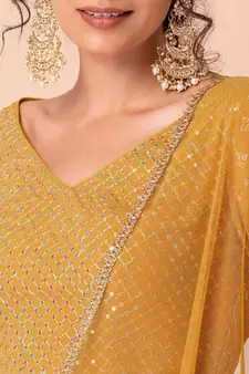  yellow embroidered georgette festive lehenga set choli with dupatta 