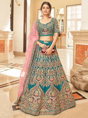 teal blue embroidered velvet bridal lehenga set choli with dupatta 1