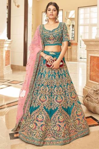 Wonderful Teal Blue Embroidered Velvet Bridal Lehenga Choli  