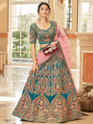 teal blue embroidered velvet bridal lehenga set choli with dupatta 2