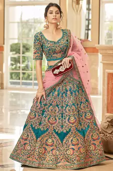 teal blue embroidered velvet bridal lehenga set choli with dupatta