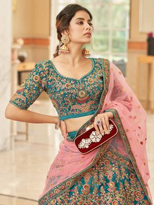 teal blue embroidered velvet bridal lehenga set choli with dupatta 3