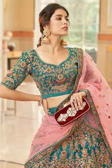 teal blue embroidered velvet bridal lehenga set choli with dupatta