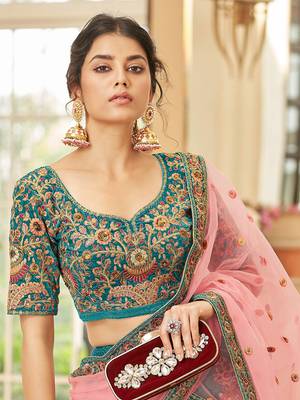 teal blue embroidered velvet bridal lehenga set choli with dupatta 4