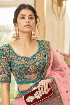 teal blue embroidered velvet bridal lehenga set choli with dupatta