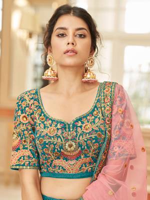 teal blue embroidered velvet bridal lehenga set choli with dupatta 5