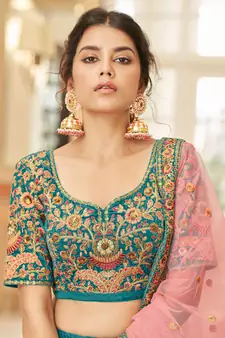 teal blue embroidered velvet bridal lehenga set choli with dupatta