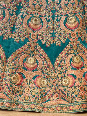 teal blue embroidered velvet bridal lehenga set choli with dupatta 6