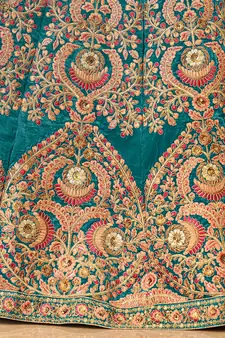 teal blue embroidered velvet bridal lehenga set choli with dupatta