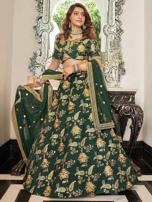 green embroidered velvet lehenga set choli with dupatta 1