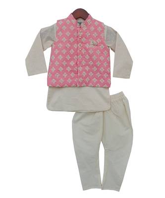 Pink Embroidered Velvet Nehru Jacket With Kurta Set 1
