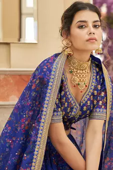 blue embroidered organza lehenga set choli with dupatta