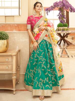 green & white embroidered art silk lehenga set choli with dupatta 1