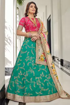 green & white embroidered art silk lehenga set choli with dupatta