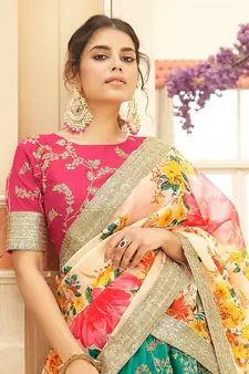 green & white embroidered art silk lehenga set choli with dupatta