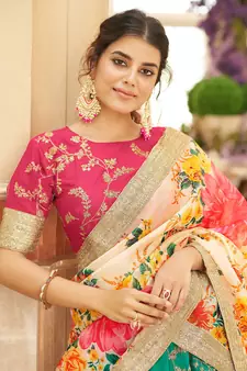 green & white embroidered art silk lehenga set choli with dupatta