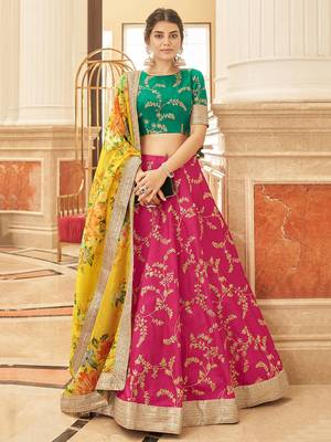 pink & yellow embroidered art silk lehenga set choli with dupatta 1