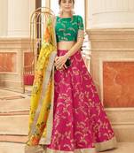 Wonderful Pink & Yellow Embroidered Art Silk Wedding Wear Lehenga Choli