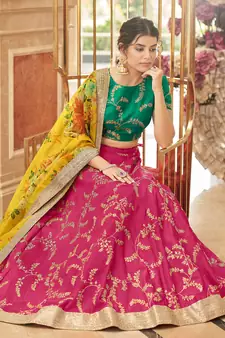 pink & yellow embroidered art silk lehenga set choli with dupatta