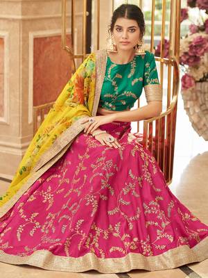 pink & yellow embroidered art silk lehenga set choli with dupatta 3