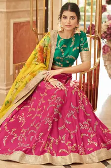 pink & yellow embroidered art silk lehenga set choli with dupatta