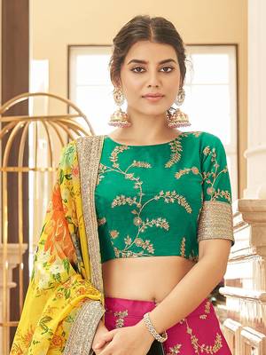 pink & yellow embroidered art silk lehenga set choli with dupatta 4