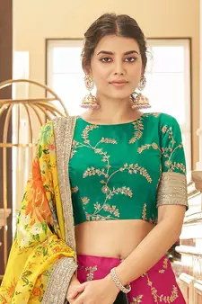 pink & yellow embroidered art silk lehenga set choli with dupatta