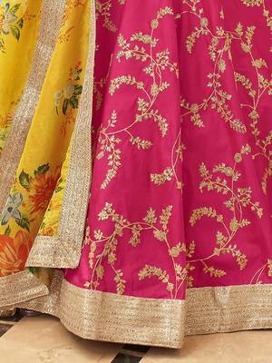 pink & yellow embroidered art silk lehenga set choli with dupatta 5