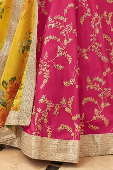 pink & yellow embroidered art silk lehenga set choli with dupatta